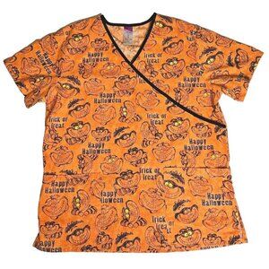 Walt Disney Cheshire Cat Happy Halloween Scrub Top Med. Alice In Wonderland